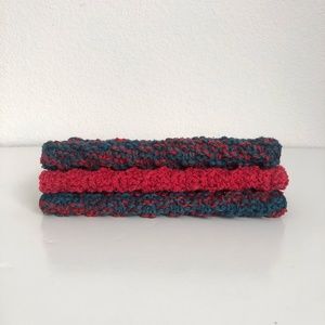 Set of 3 cotton knit washcloths - hand knit dark blue and red kitchen dishcloths